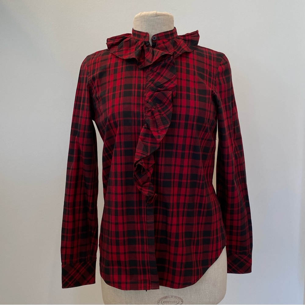 Lauren Ralph Lauren Womens Red Black Plaid Ruffled Button Down Shirt / Size S